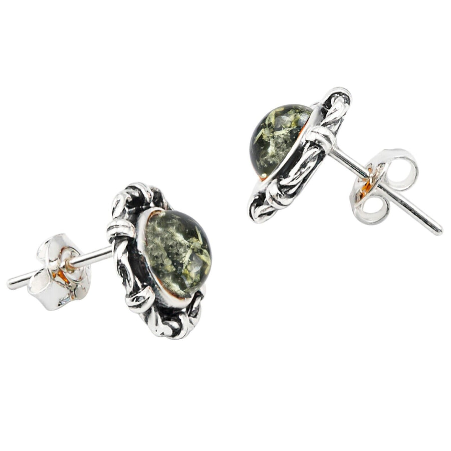 925 Solid Sterling Silver Green Baltic Amber Round Classic Pretty Stud Earrings