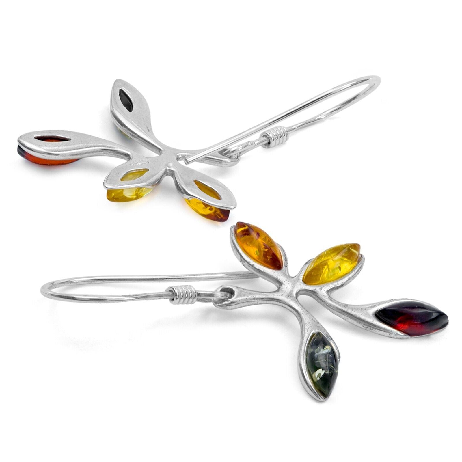 925 Solid Sterling Silver Multicolor Baltic Amber Marquise Leaves Hook Earrings
