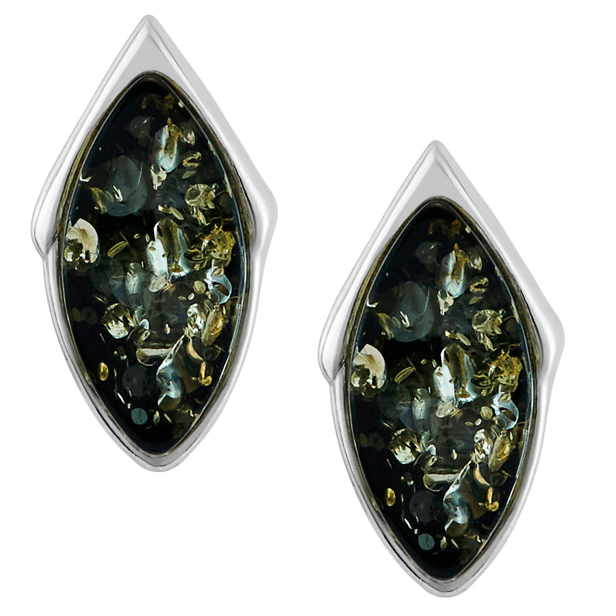925 Solid Pure Sterling Silver Green Baltic Amber Marquise Stud Pretty Earrings