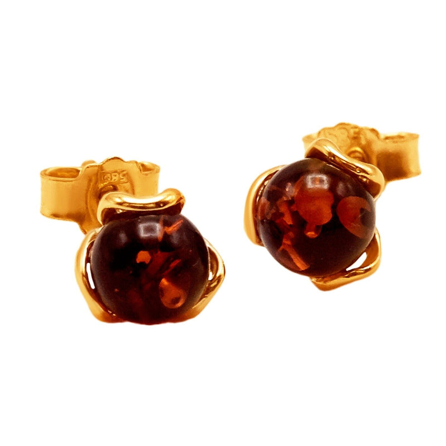 14k Pure Solid Yellow Gold Honey Baltic Amber Flower Designer Small Stud Earring