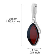 925 Solid Pure Sterling Silver Dark Red Baltic Amber Designer Marquise Pendant