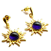 925 Solid Gold Plated Sterling Silver Violet Amber Round Flaming Sun Earrings