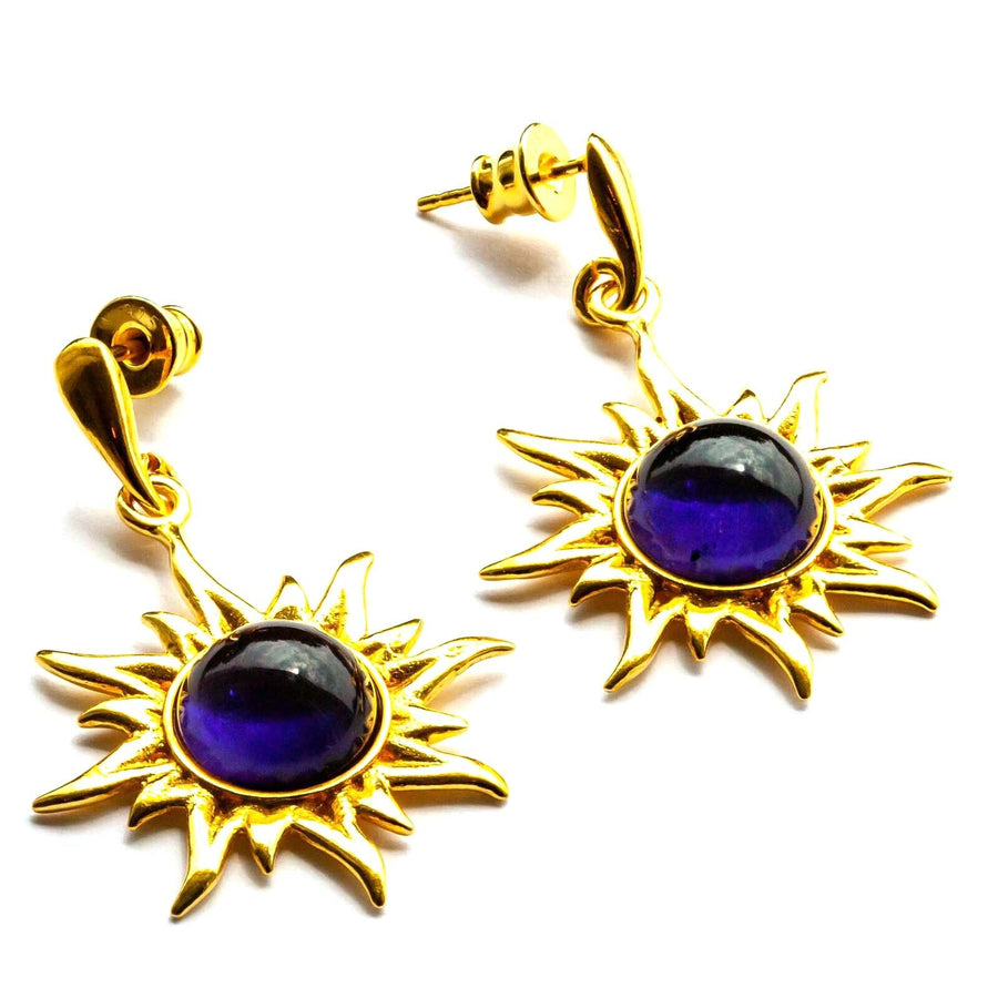 925 Solid Gold Plated Sterling Silver Violet Amber Round Flaming Sun Earrings