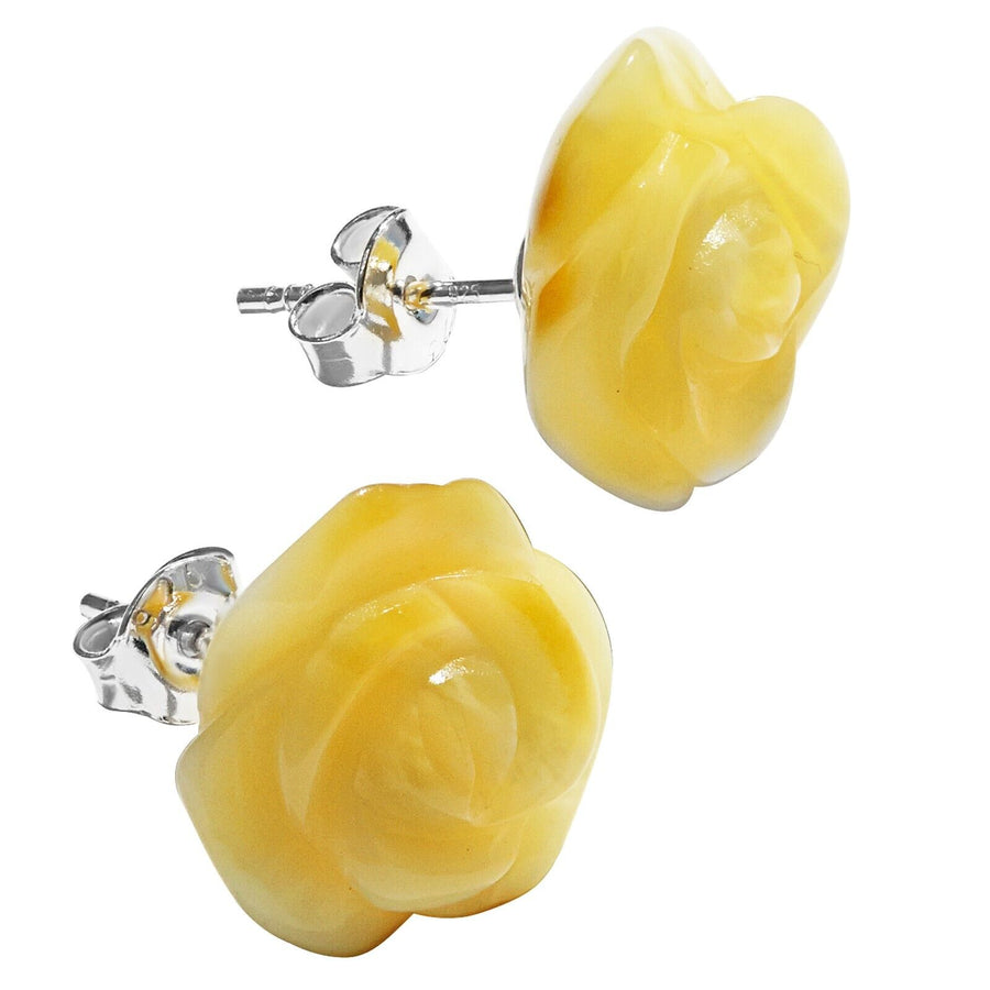 925 Solid Sterling Silver Butterscotch Baltic Amber Designer Rose Stud Earrings