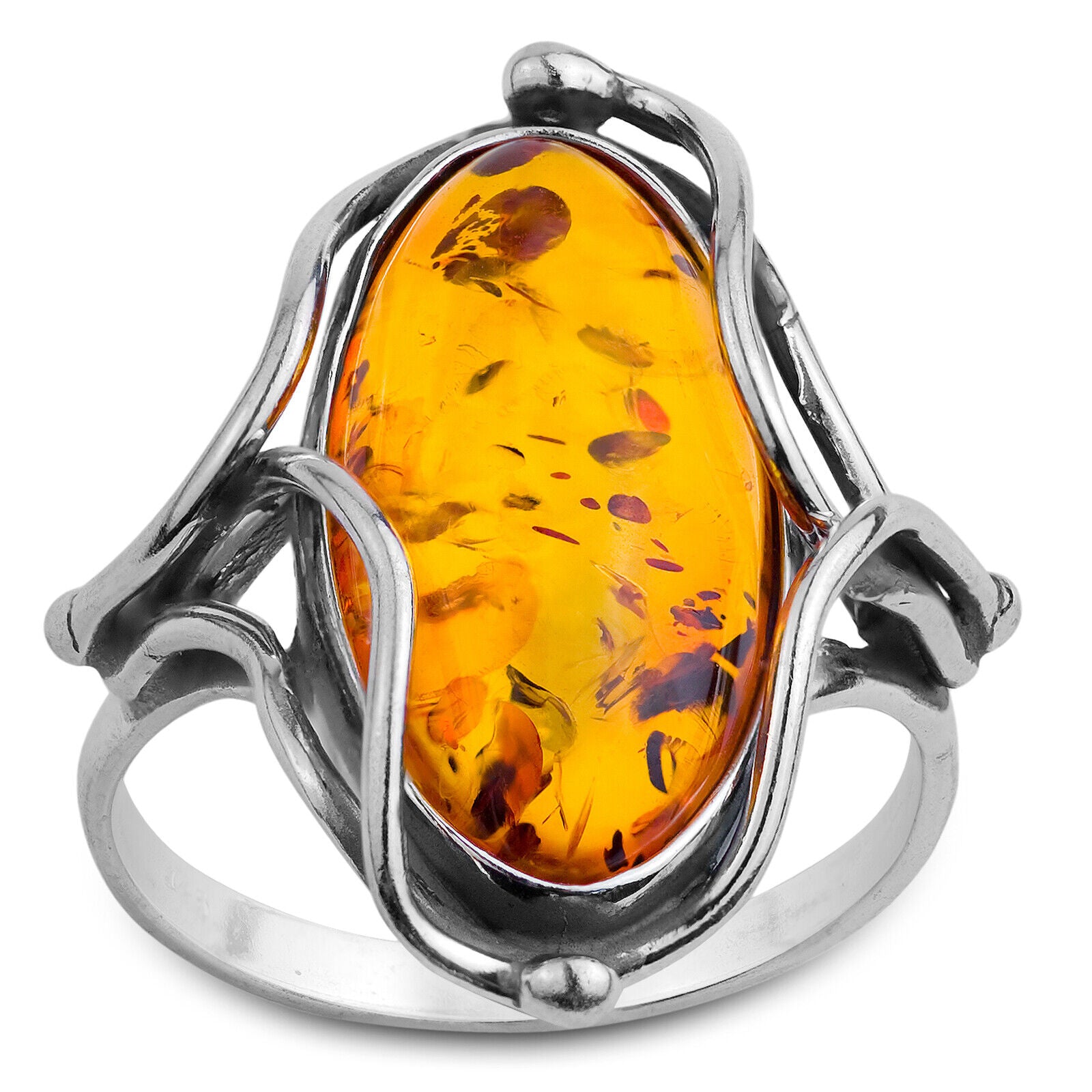 925 Solid Sterling Silver Honey Baltic Amber Oval Designer Classic Pretty Ring