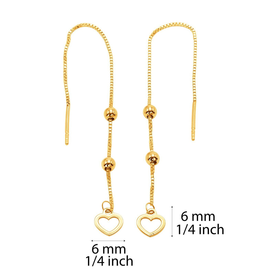 14k Pure Solid Yellow Gold Heart Long Drop Dangle Nice Threader Pretty Earrings