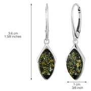 925 Solid Pure Sterling Silver Green Baltic Amber Marquise Leverback Earrings