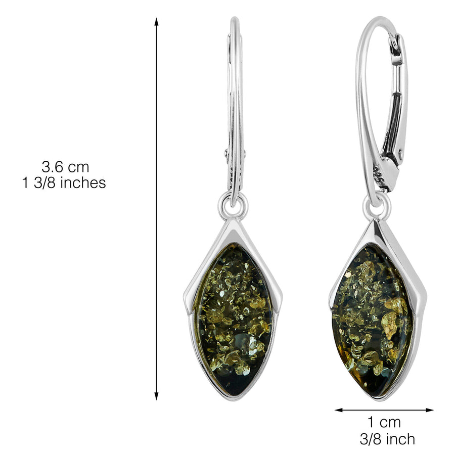 925 Solid Pure Sterling Silver Green Baltic Amber Marquise Leverback Earrings