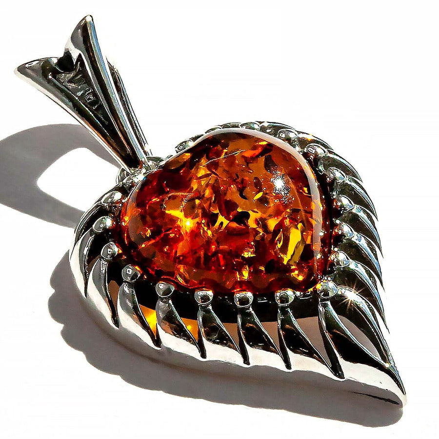 925 Solid Pure Sterling Silver Honey Baltic Amber Modern Beautiful Heart Pendant