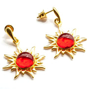 925 Solid Gold Plated Sterling Silver Red Amber Round Flaming Sun Nice Earrings