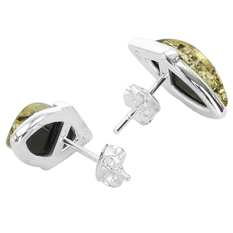 925 Solid Pure Sterling Silver Green Baltic Amber Marquise Stud Pretty Earrings
