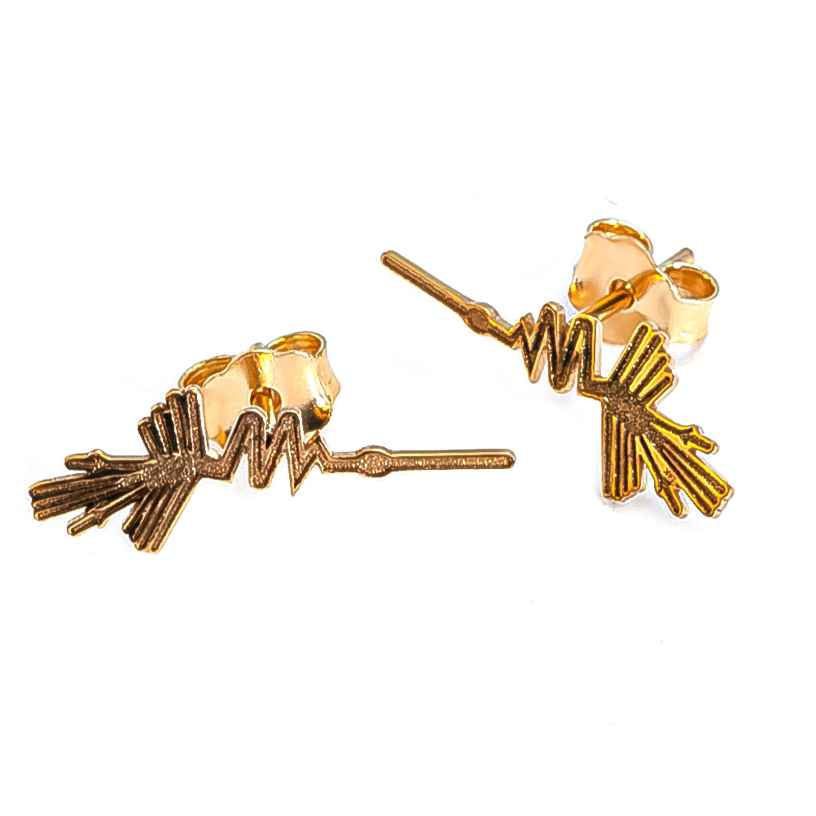 14k Solid Yellow Gold Nazca Desert World Wonder Geoglyph Colibri Stud Earrings