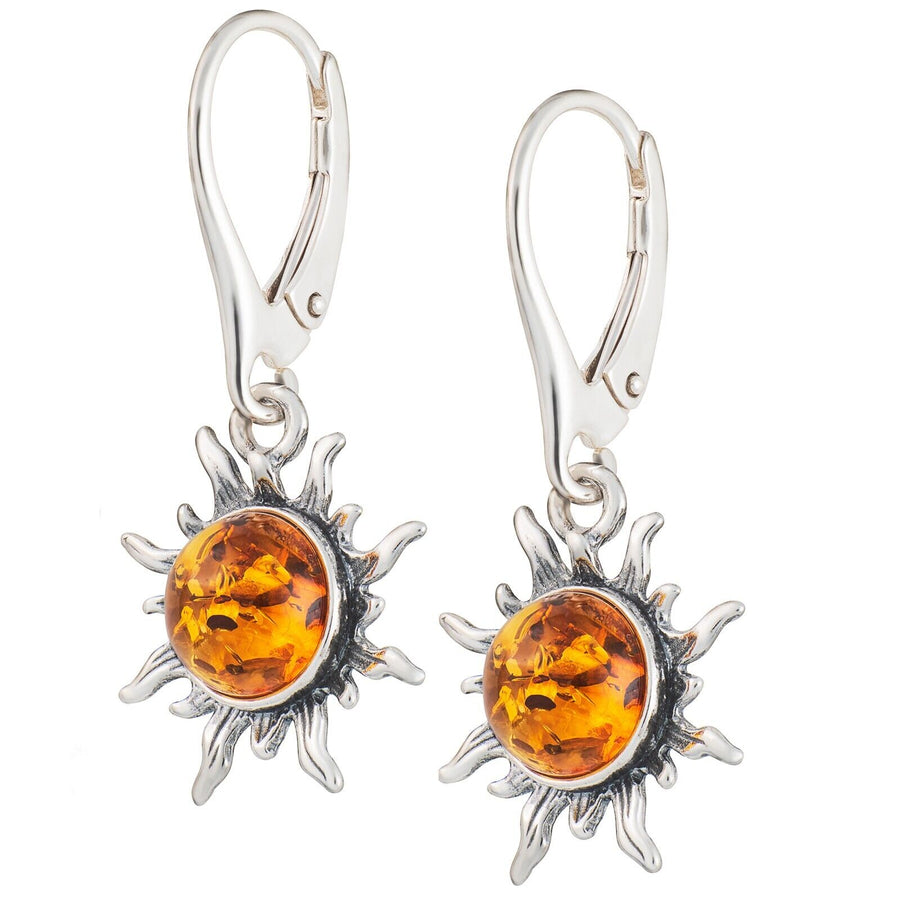 925 Solid Sterling Silver Honey Baltic Amber Flaming Sun Nice Leverback Earrings