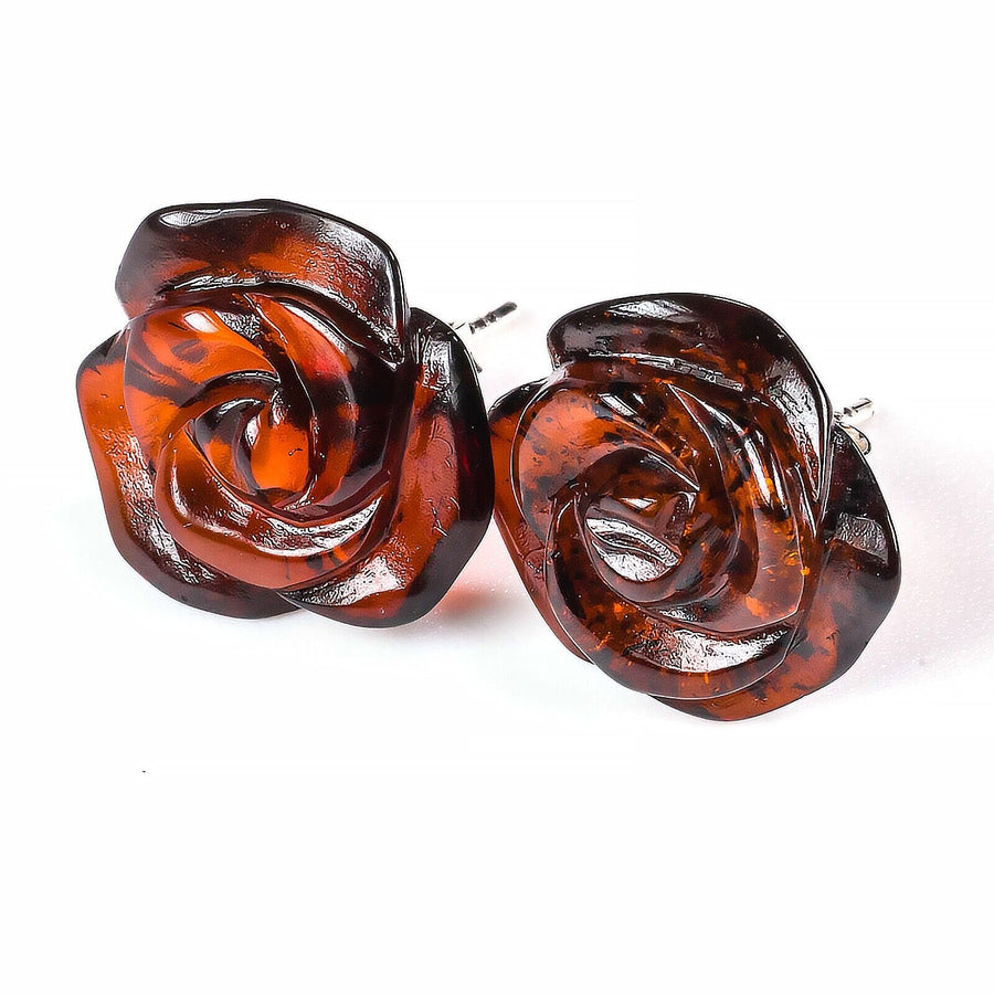 925 Solid Pure Sterling Silver Cherry Baltic Amber Designer Rose Stud Earrings