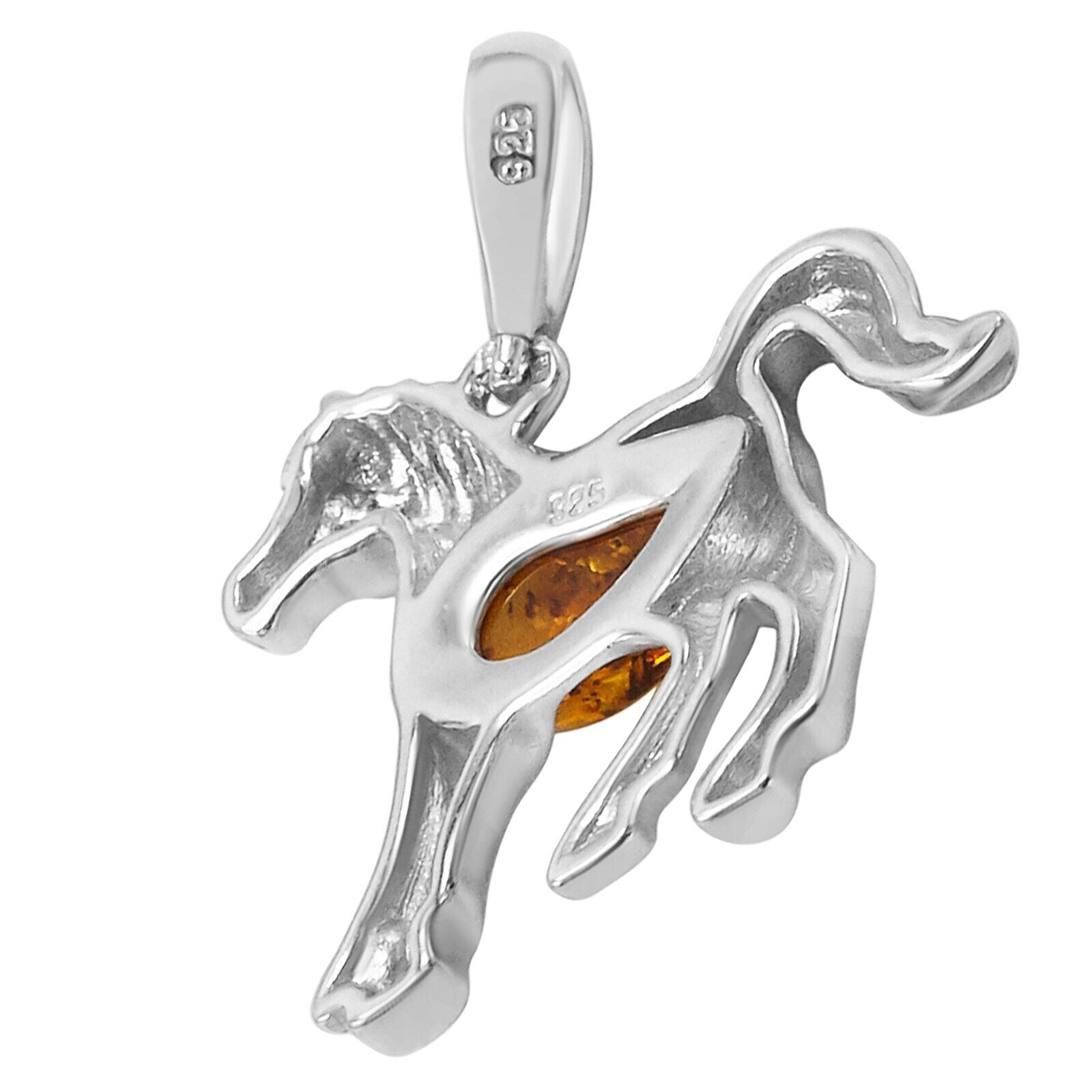 925 Solid Sterling Silver Natural Cognac Baltic Amber Beautiful Horse Pendant