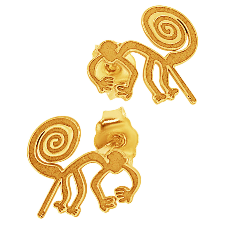 14k Solid Yellow Fine Gold Nazca Line Monkey World Wonder Geoglyph Stud Earrings