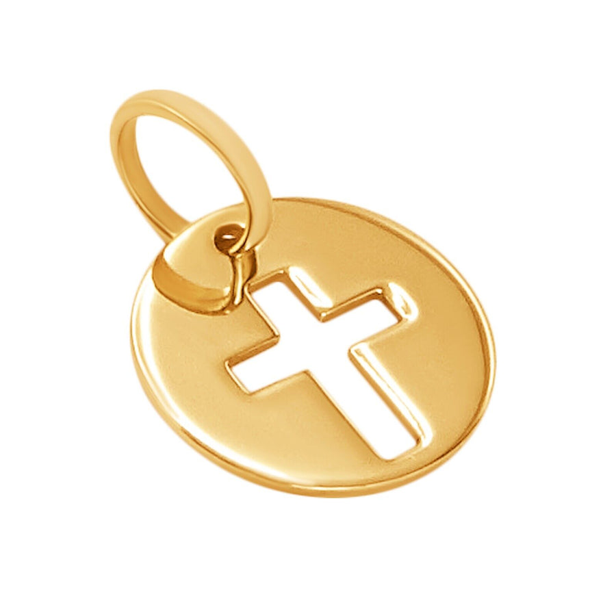 14k Pure Solid Yellow Gold Round Cross Laser Cut Small Charm Religious Pendant