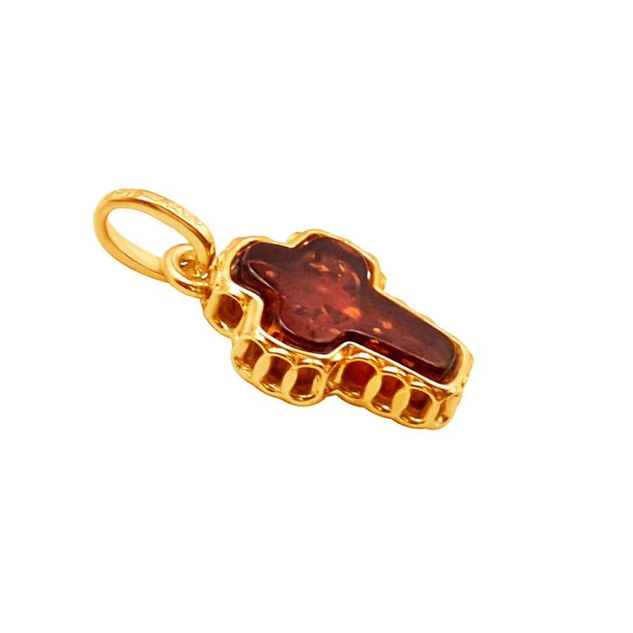 14k Pure Solid Yellow Gold Honey Baltic Amber Small Designer Cross Charm Pendant