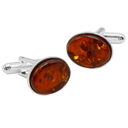 925 Solid Pure Sterling Silver Cognac Baltic Amber Oval Classic Men Cufflinks