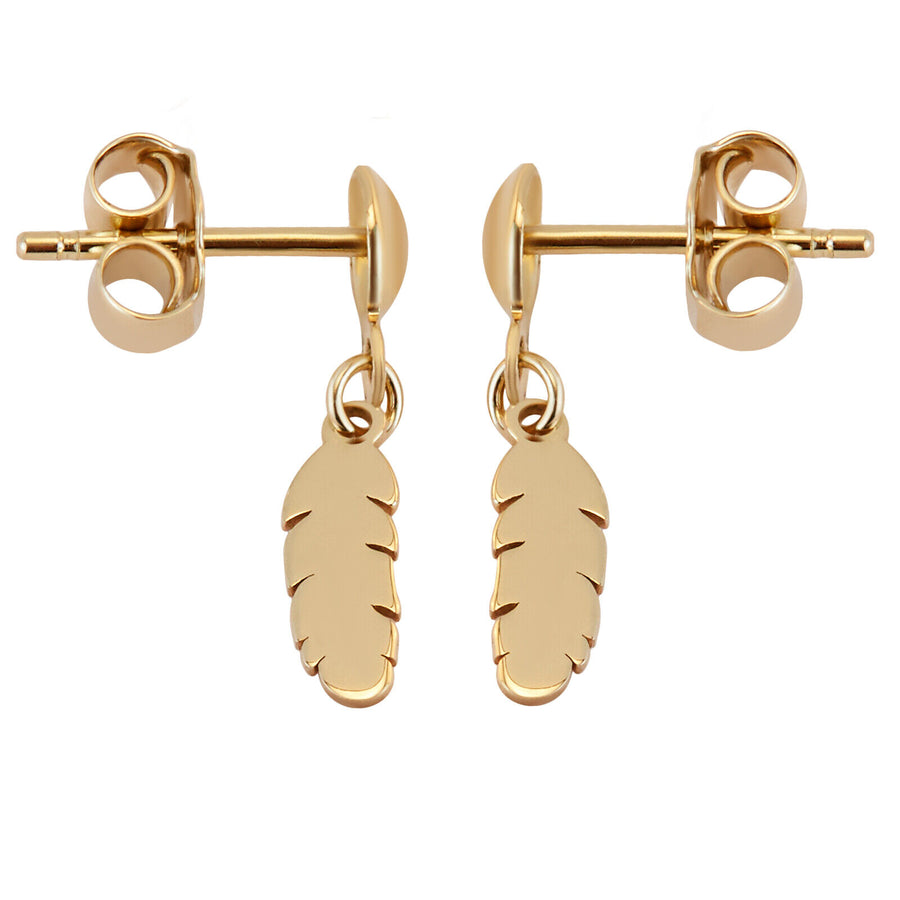 14k Solid Pure Yellow Gold Small Cute Delicate Feather Designer Dangle Earrings