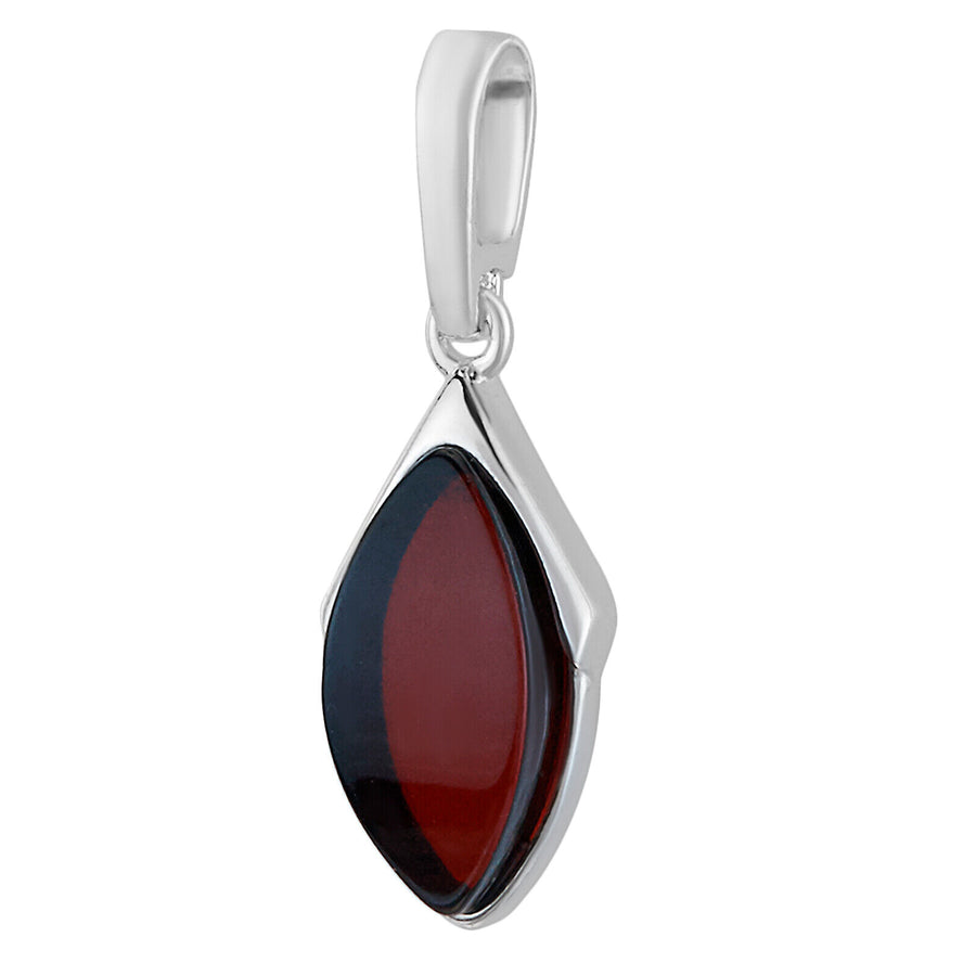 925 Solid Pure Sterling Silver Dark Red Baltic Amber Designer Marquise Pendant