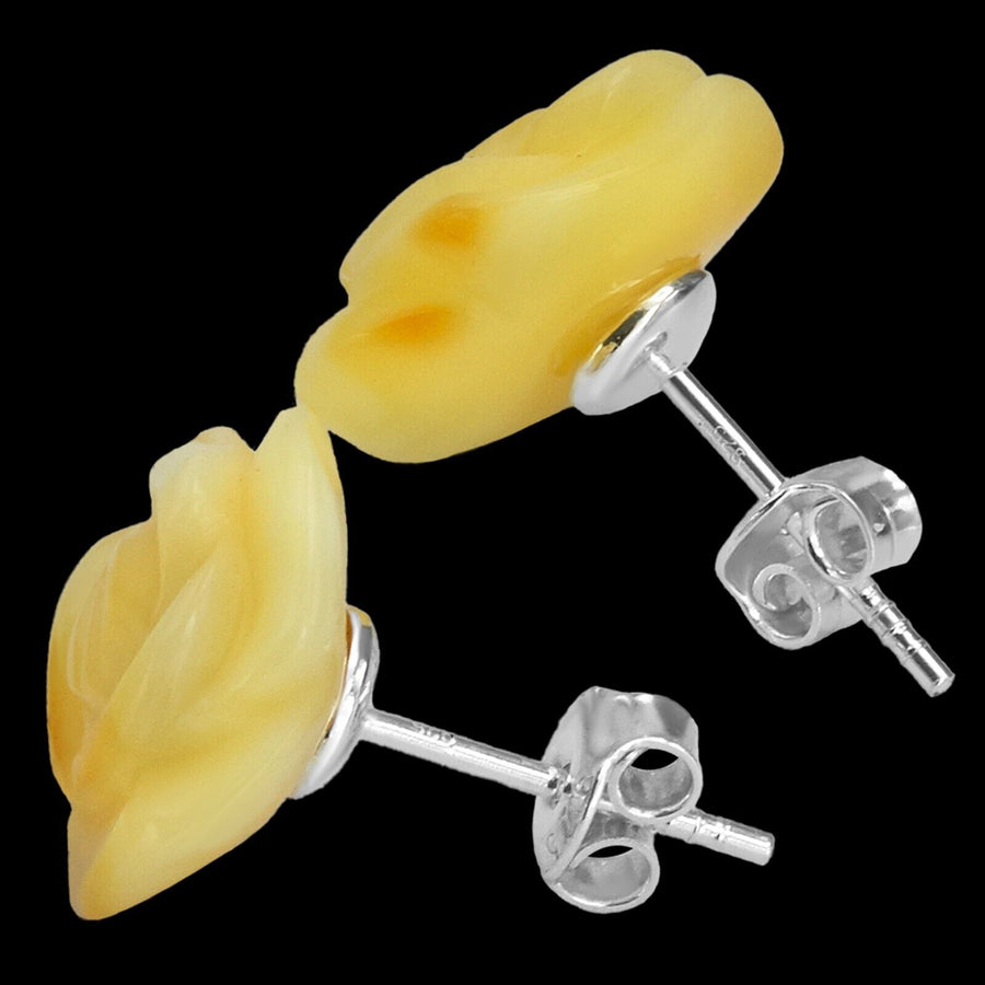 925 Solid Sterling Silver Butterscotch Baltic Amber Designer Rose Stud Earrings