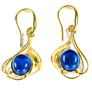 925 Solid Gold Plated Sterling Silver Blue Amber Oval Beautiful Floral Earrings