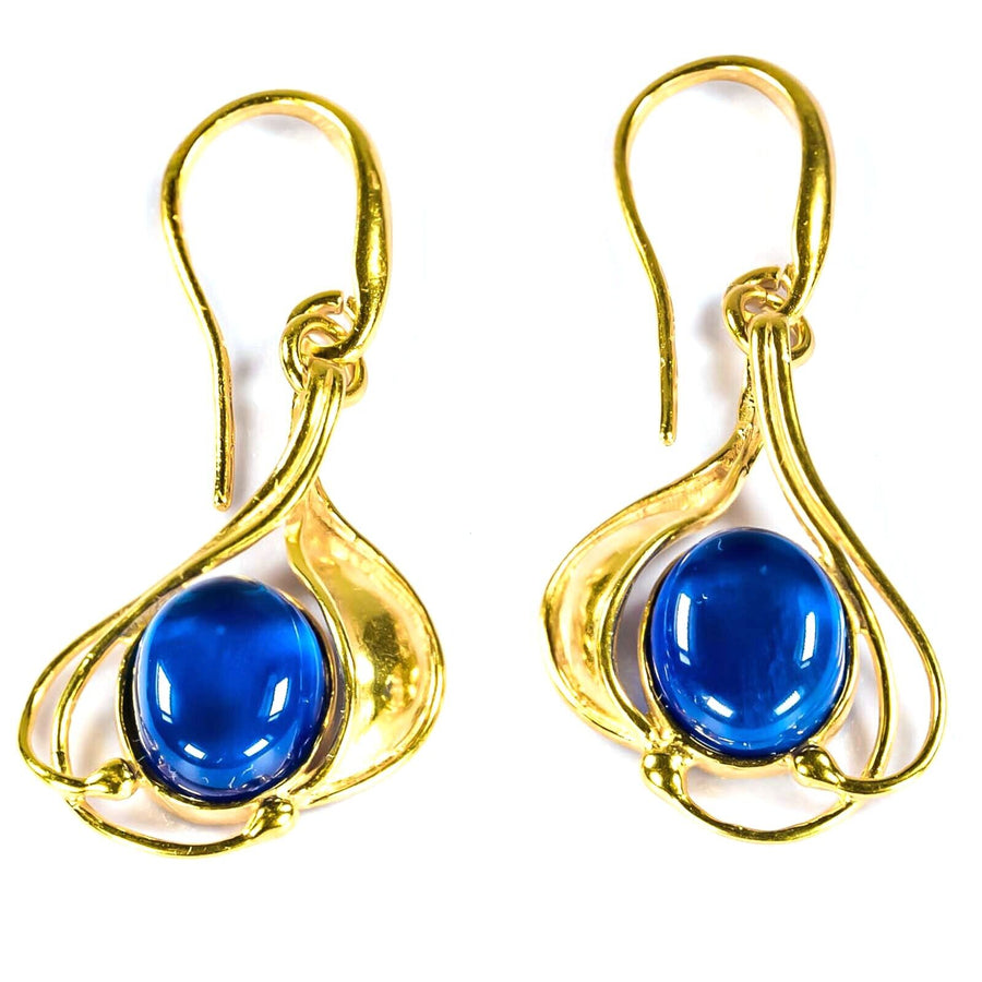 925 Solid Gold Plated Sterling Silver Blue Amber Oval Beautiful Floral Earrings