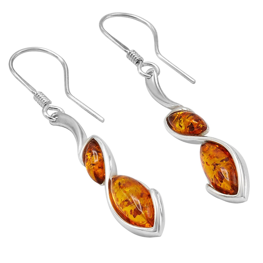 925 Solid Sterling Silver Cognac Baltic Amber Classic Marquise Fishhook Earrings