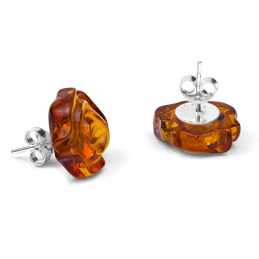 925 Solid Pure Sterling Silver Honey Baltic Amber Designer Rose Stud Earrings