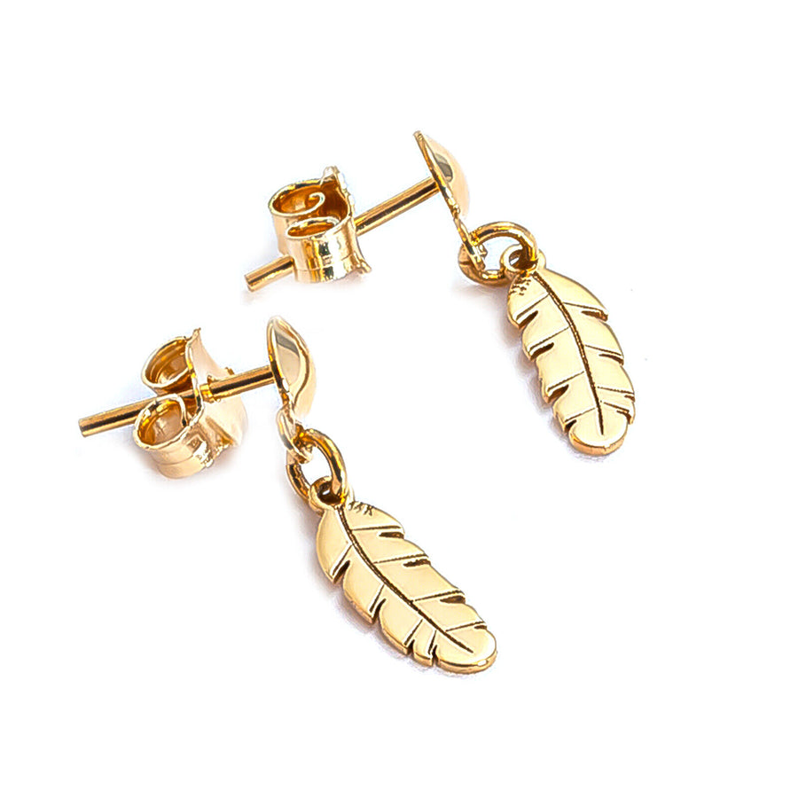 14k Solid Pure Yellow Gold Delicate Feather Designer Earrings
