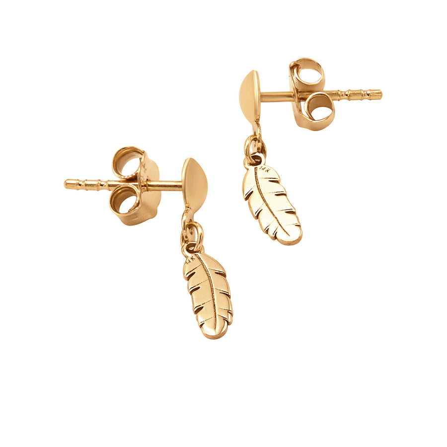 14k Solid Pure Yellow Gold Small Cute Delicate Feather Designer Dangle Earrings