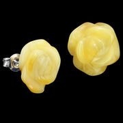 925 Solid Sterling Silver Butterscotch Baltic Amber Designer Rose Stud Earrings