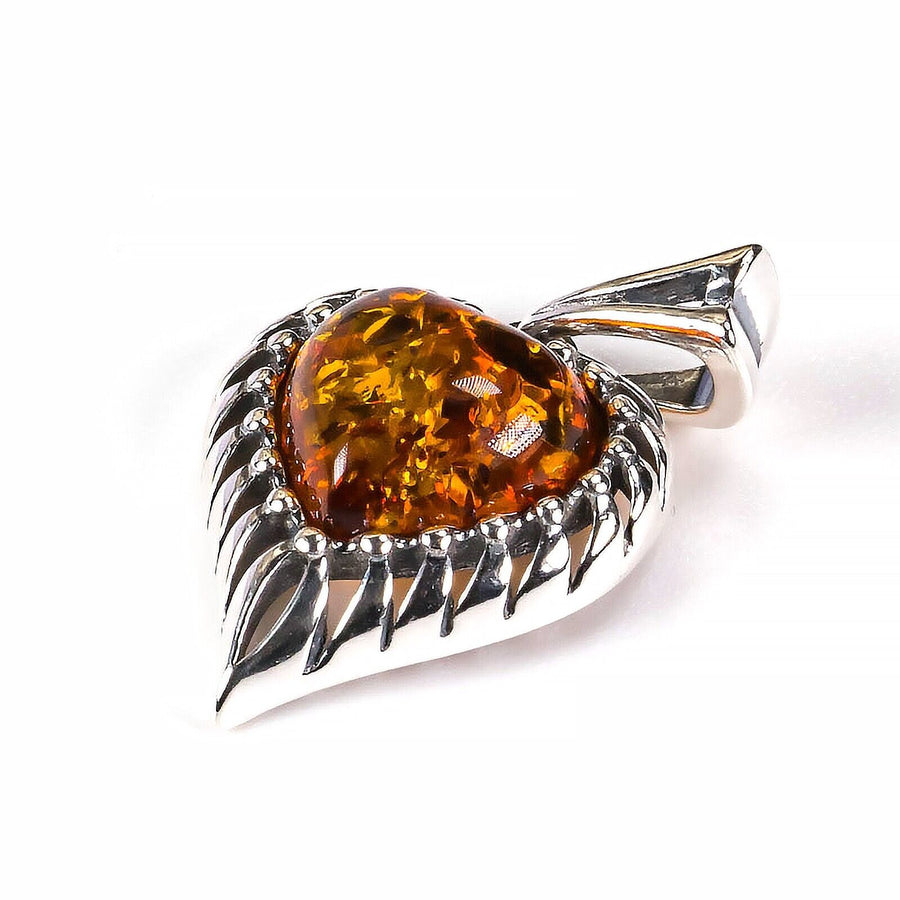 925 Solid Pure Sterling Silver Honey Baltic Amber Modern Beautiful Heart Pendant