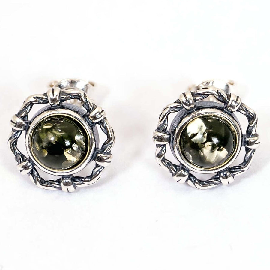 925 Solid Sterling Silver Green Baltic Amber Round Classic Pretty Stud Earrings