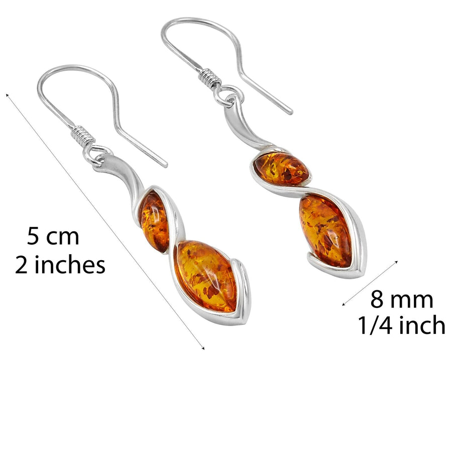 925 Solid Sterling Silver Cognac Baltic Amber Classic Marquise Fishhook Earrings