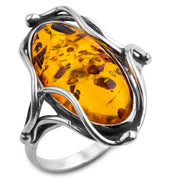 925 Solid Sterling Silver Honey Baltic Amber Oval Designer Classic Pretty Ring