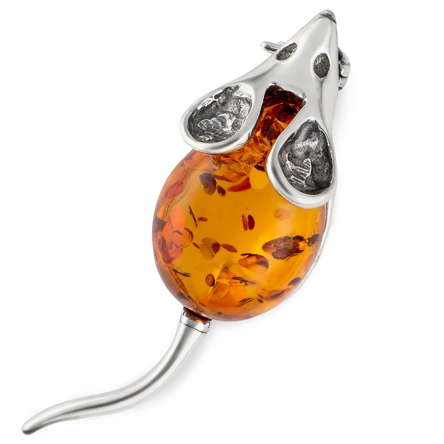 925 Solid Sterling Silver Honey Baltic Amber Cute Mouse Small Pretty Brooch Pin