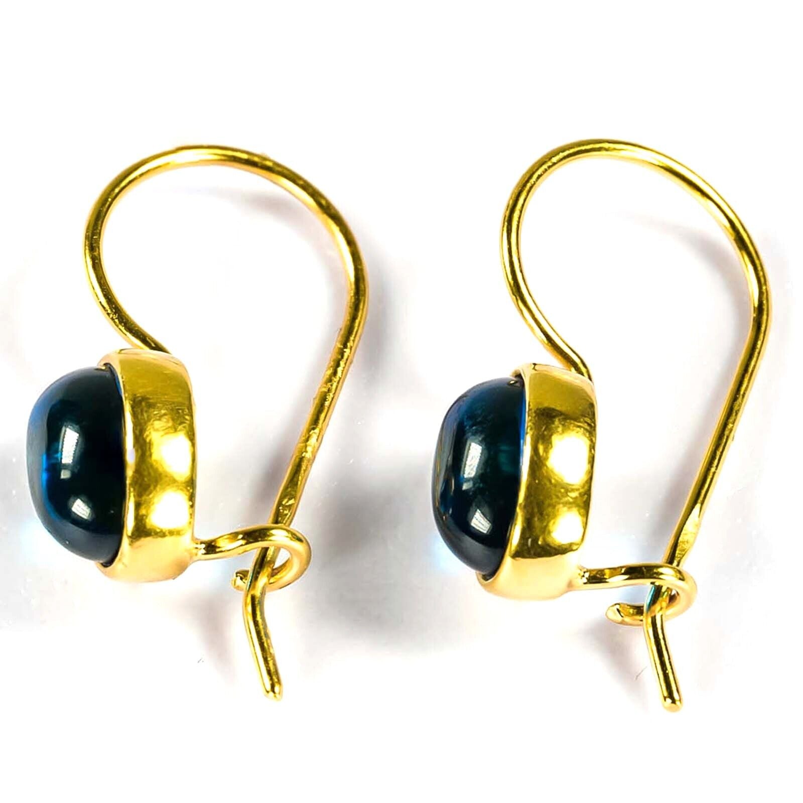 925 Solid Gold Plated Sterling Silver Blue Amber Oval Nice French Wire Earrings