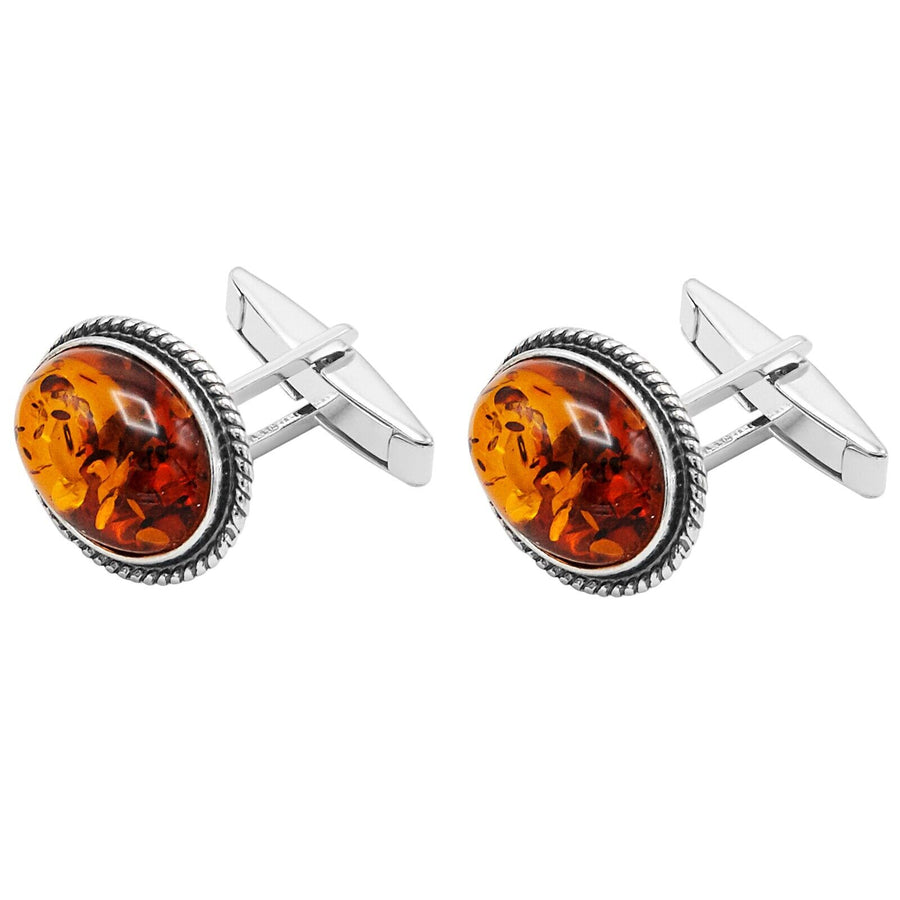 925 Solid Sterling Silver Natural Cognac Baltic Amber Oval Filigree Cufflinks