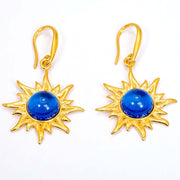 925 Solid Gold Plated Sterling Silver Blue Amber Round Flaming Sun Nice Earrings