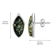 925 Solid Pure Sterling Silver Green Baltic Amber Marquise Stud Pretty Earrings