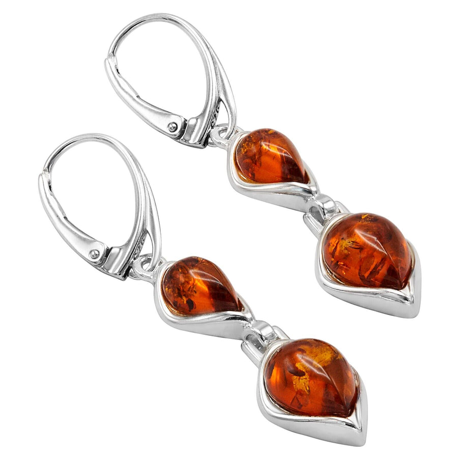 925 Solid Sterling Silver Cognac Baltic Amber Classic Drop Leverback Earrings