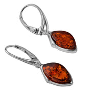 925 Solid Pure Sterling Silver Honey Baltic Amber Marquise Leverback Earrings