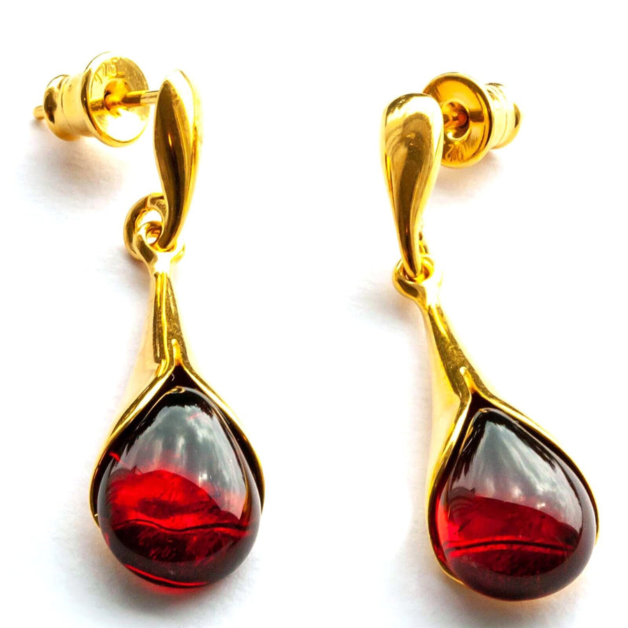 925 Solid Gold Plated Sterling Silver Red Amber Designer Pretty Drop Earrings