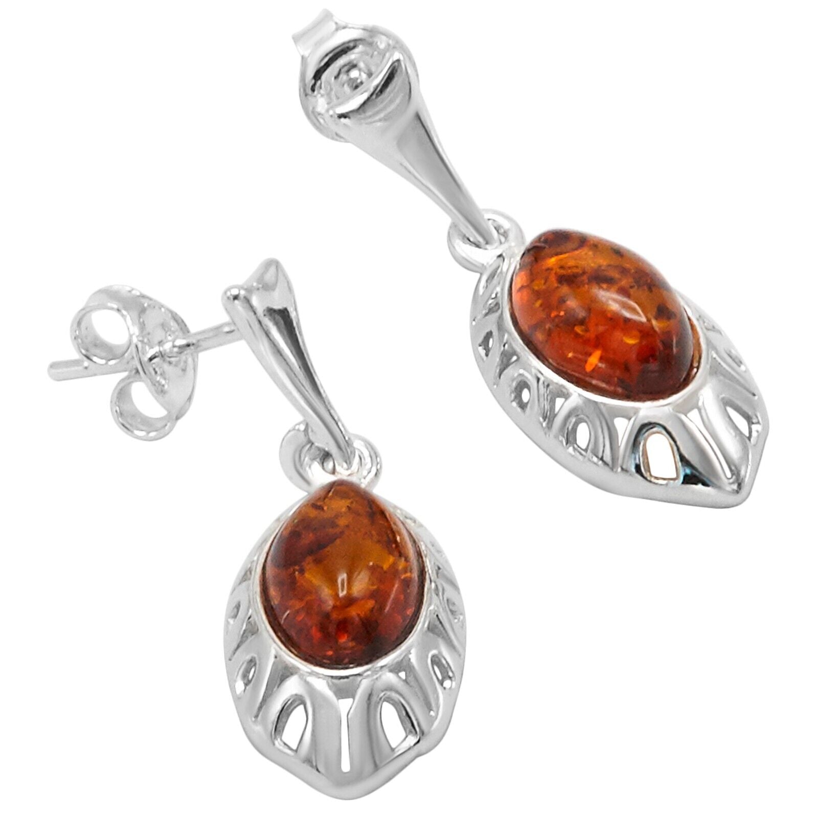 925 Solid Sterling Silver Natural Cognac Baltic Amber Classic Oval Nice Earrings