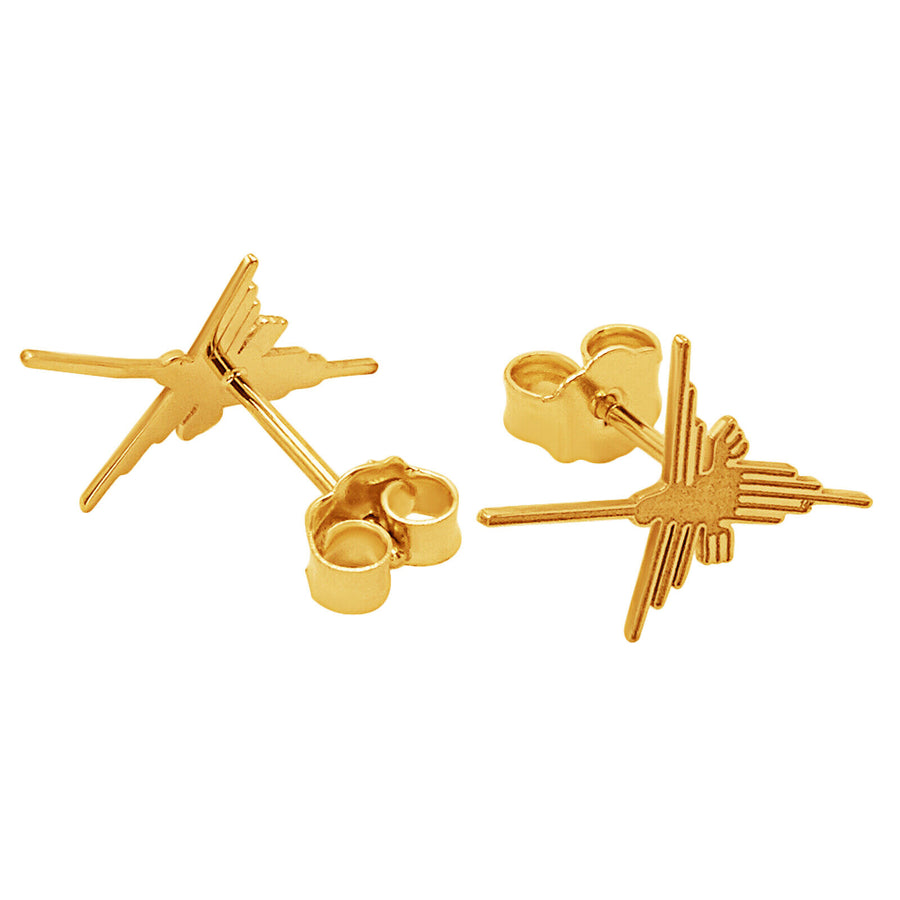14k Solid Yellow Gold Nazca Line Colibri Hummingbird World Wonder Stud Earrings