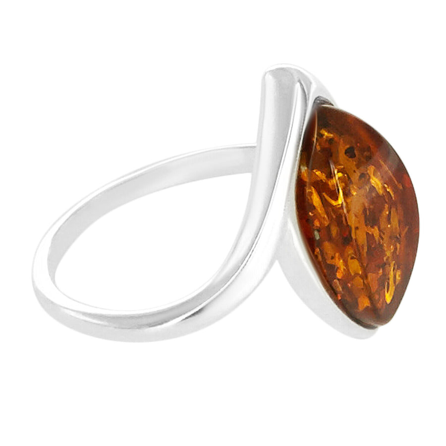 925 Solid Pure Sterling Silver Honey Baltic Amber Marquise Designer Classic Ring