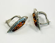 925 Solid Pure Sterling Silver Honey Baltic Amber Marquise Omega Post Earrings