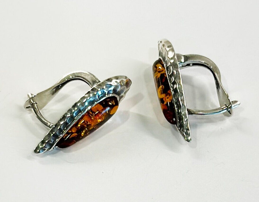 925 Solid Pure Sterling Silver Honey Baltic Amber Marquise Omega Post Earrings